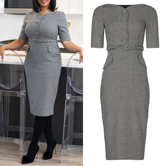 LK Bennett Dresses & Skirts - L.K. Bennett Nina Houndstooth Heart Midi Dress Size 14 Two Tone Black White